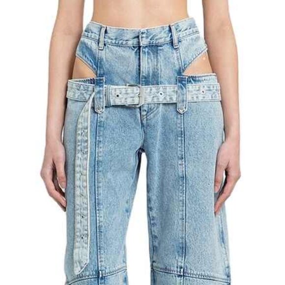 Hip Cutout Belted Light Wash Straight Leg Jeans Pants - Picture 4 of 7